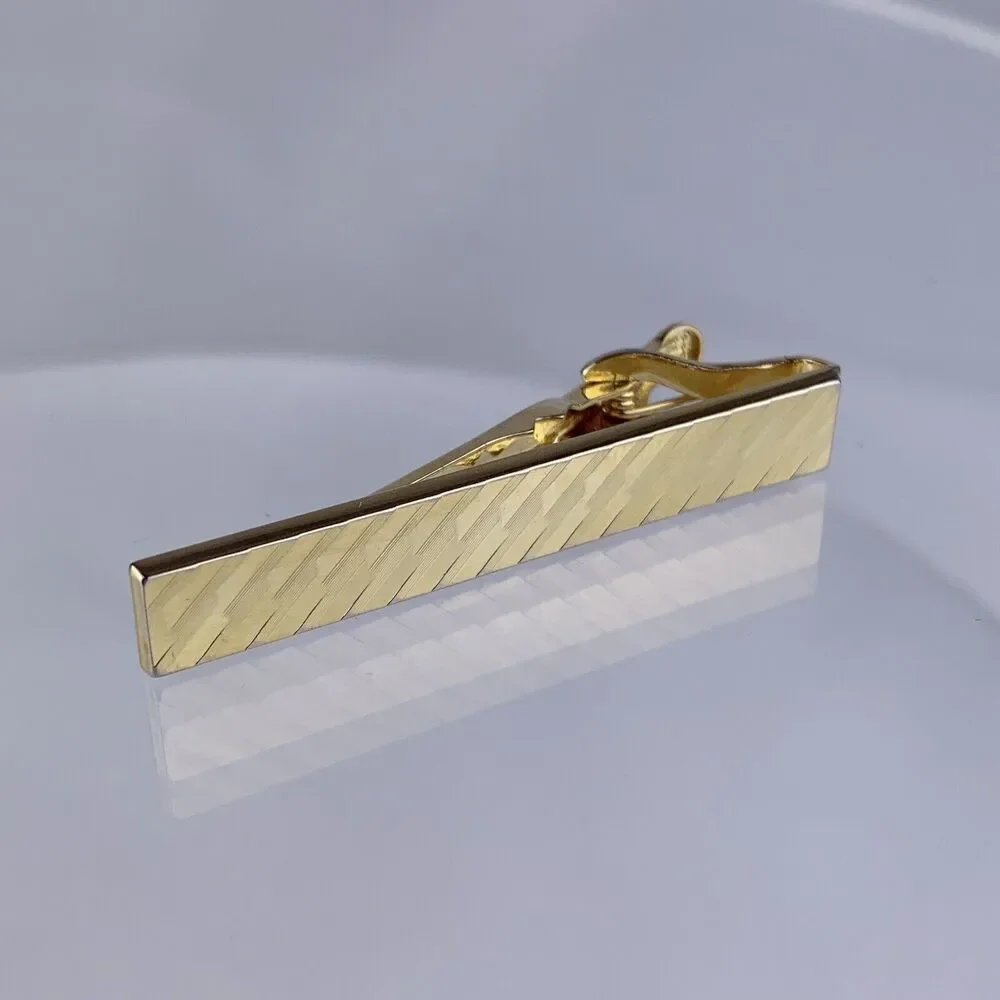 Simple Striped Etched Gold Tone Tie Clip Bar Formal Modern Vintage O1